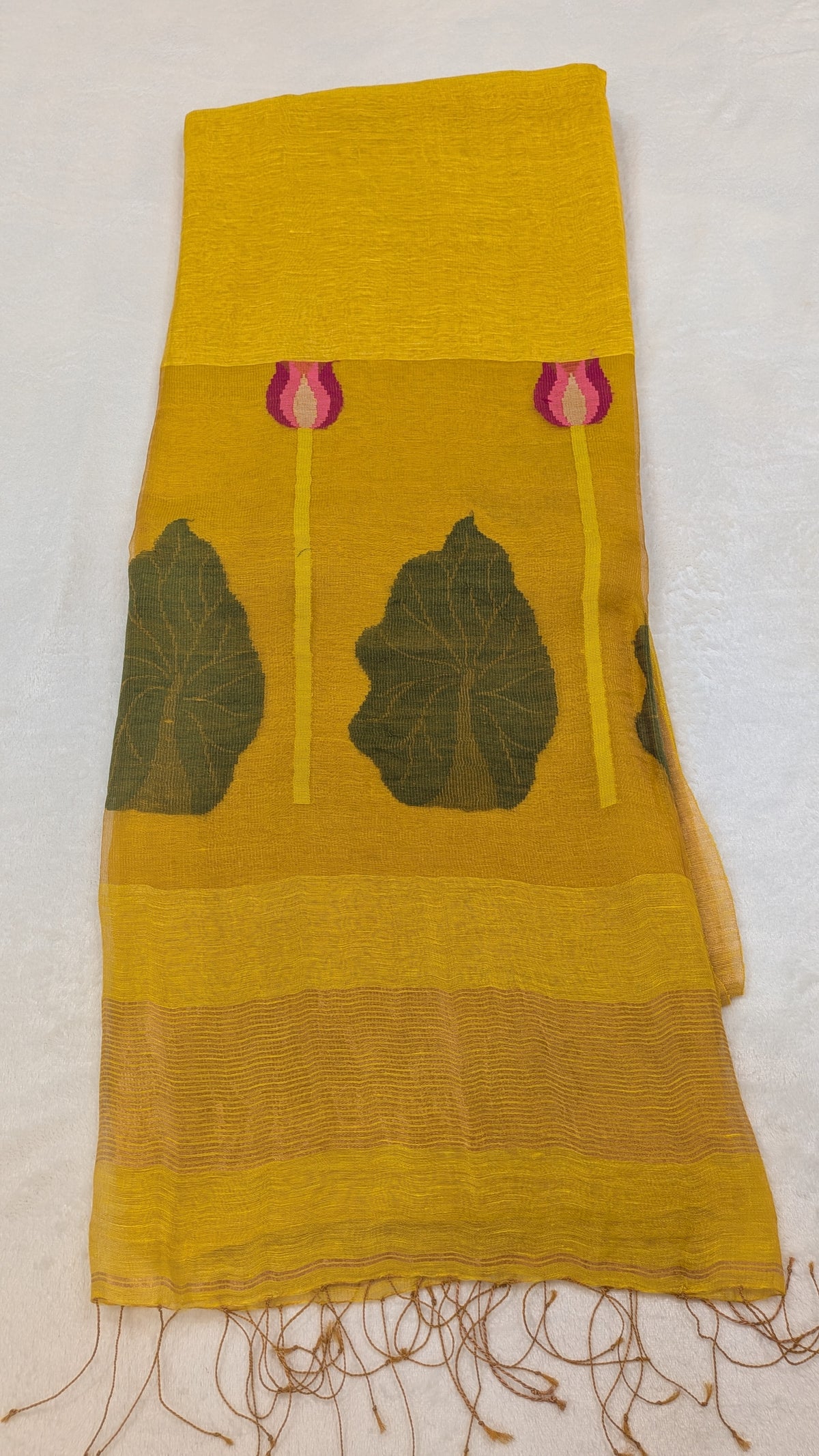 Swan Lotus Motif Handwoven Saree — Mustard Yellow