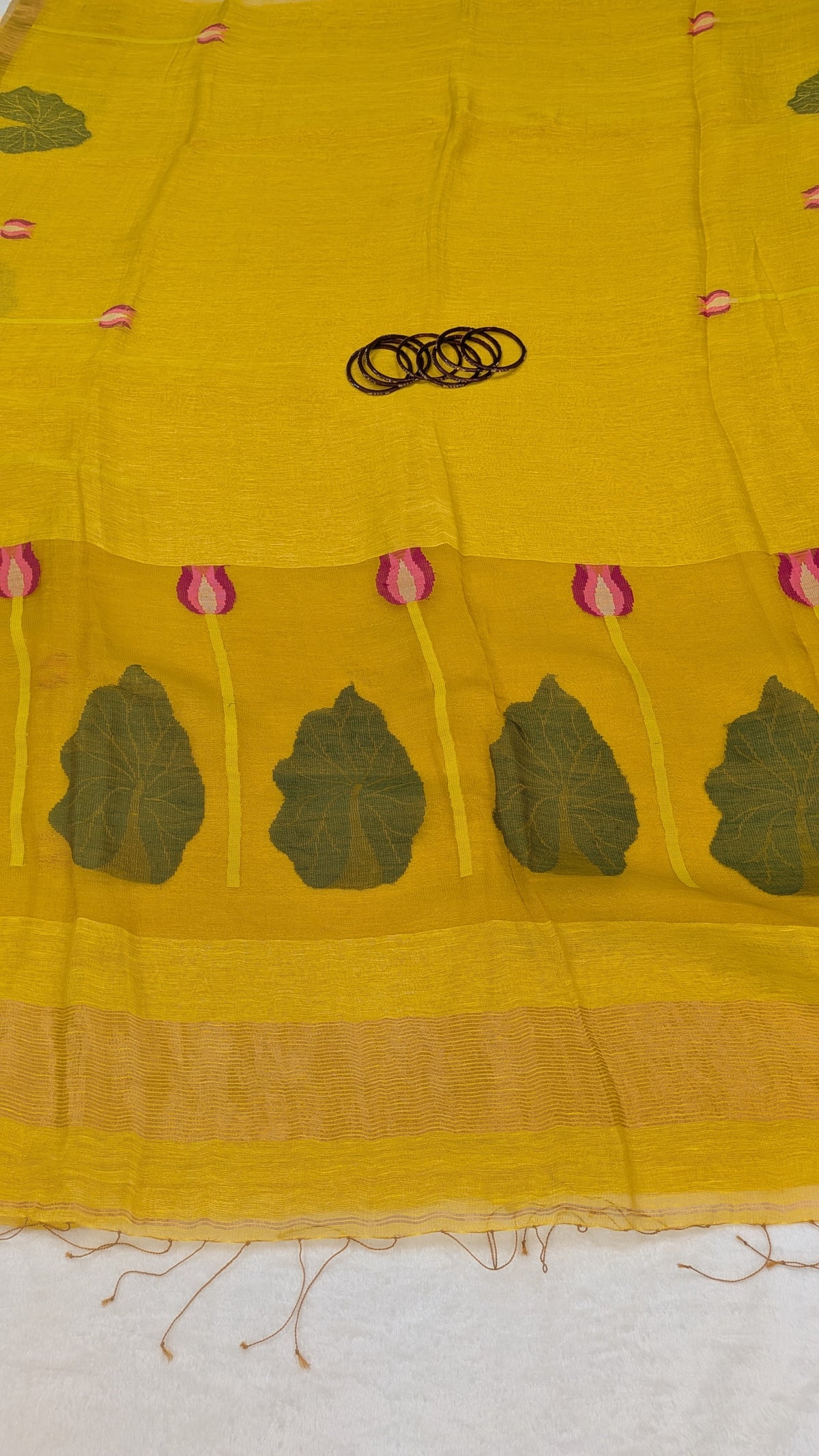 Swan Lotus Motif Handwoven Saree — Mustard Yellow