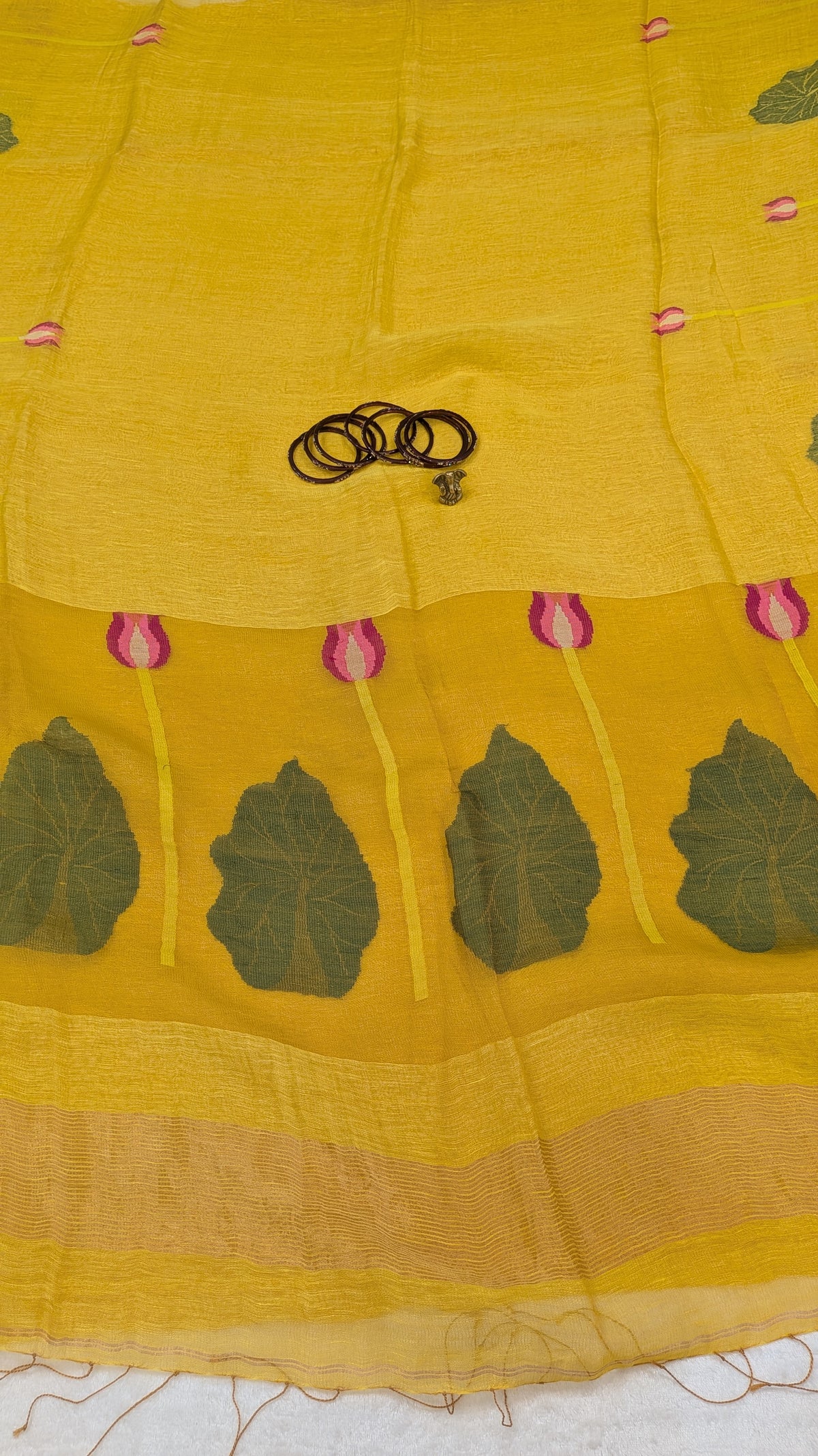 Swan Lotus Motif Handwoven Saree — Mustard Yellow