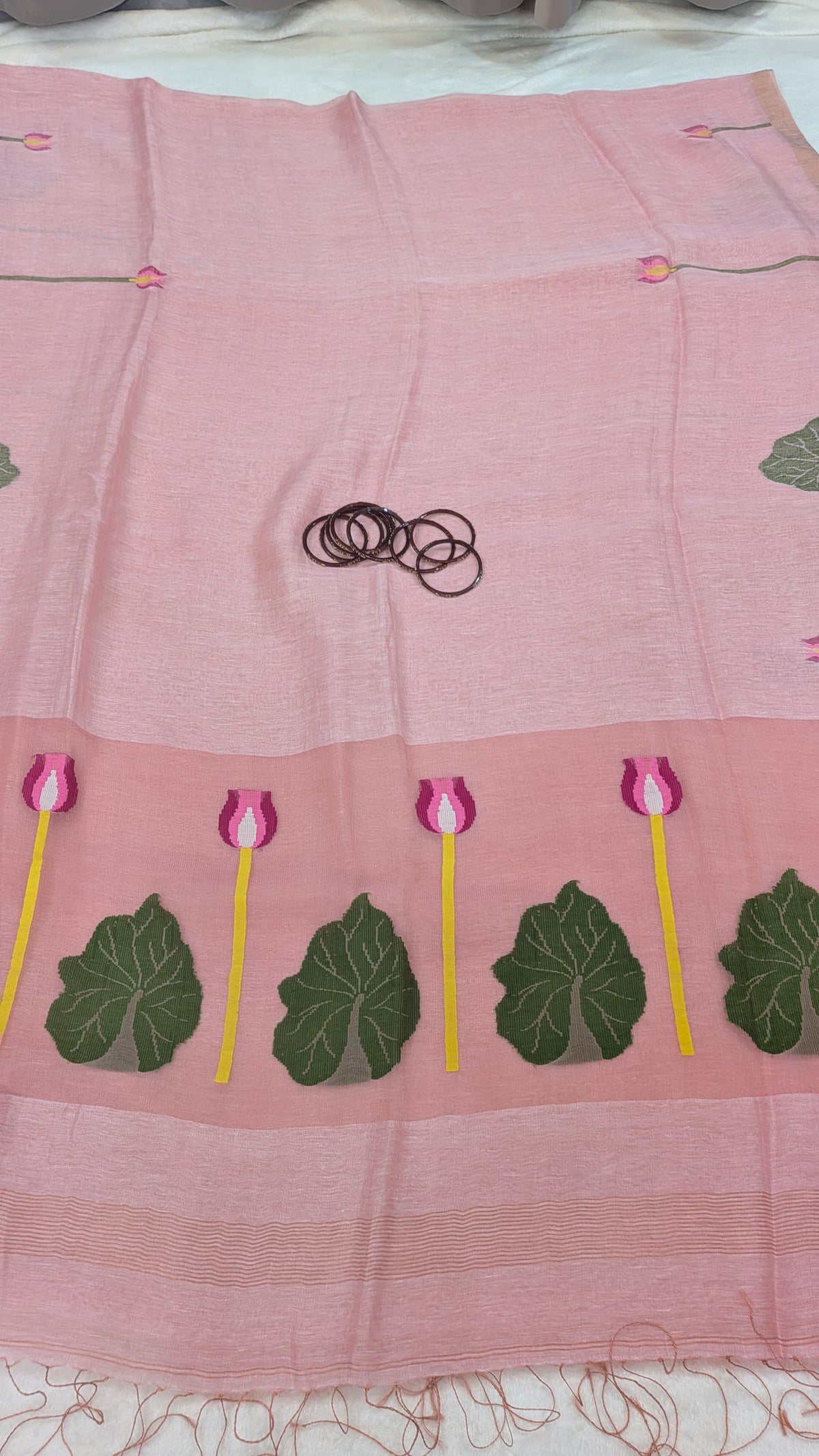 Swan Lotus Motif Handwoven Saree — Blush pink