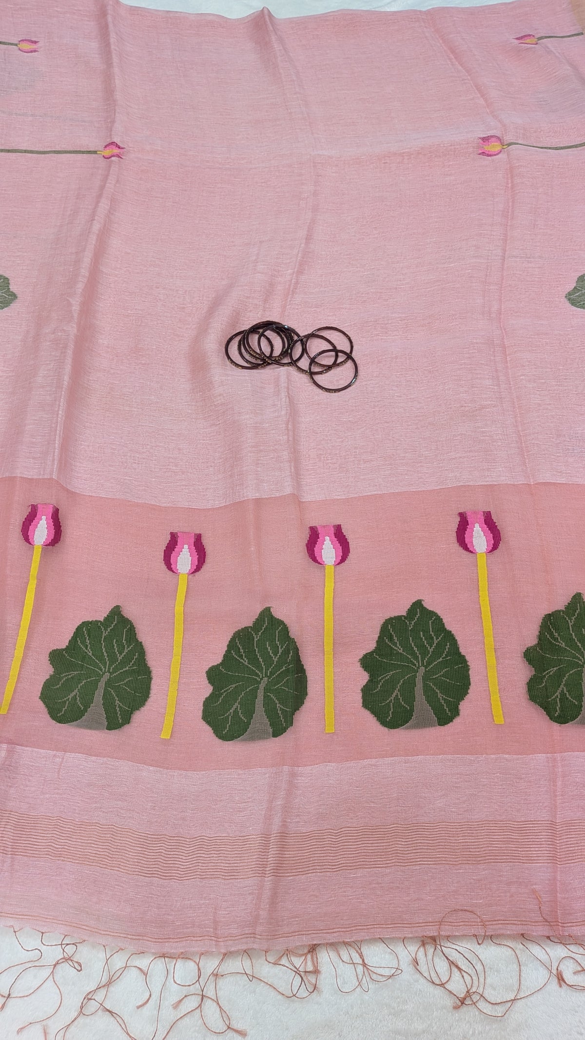 Swan Lotus Motif Handwoven Saree — Blush pink