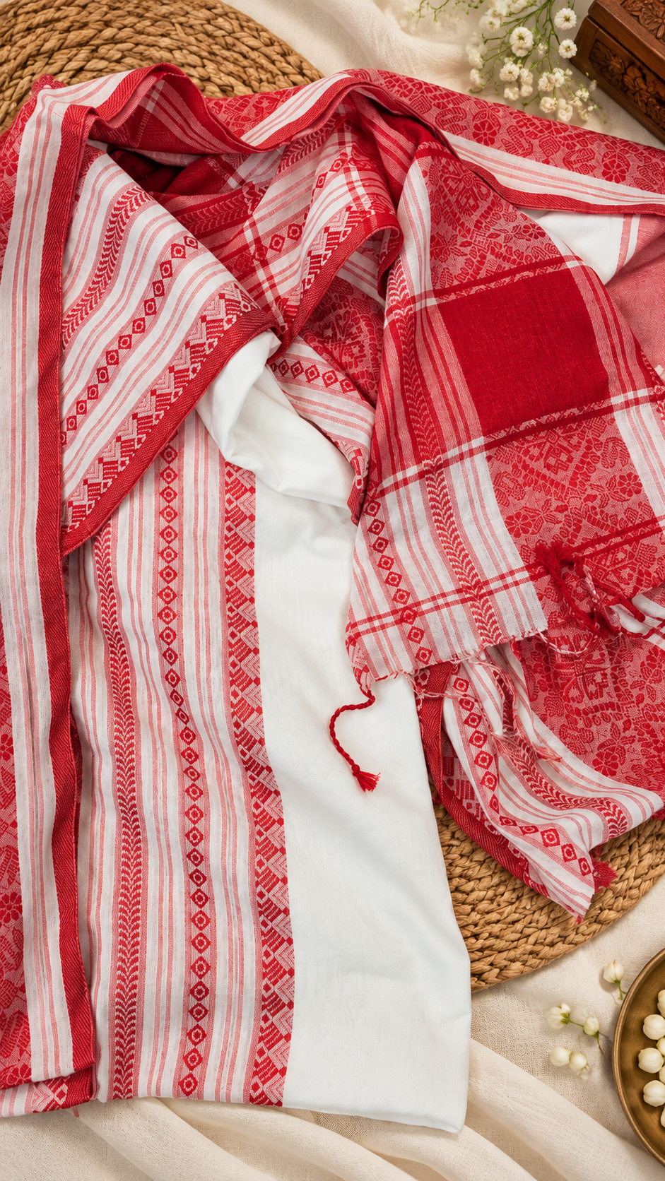 Pure Bengal Cotton Red & White Saree — Geometric