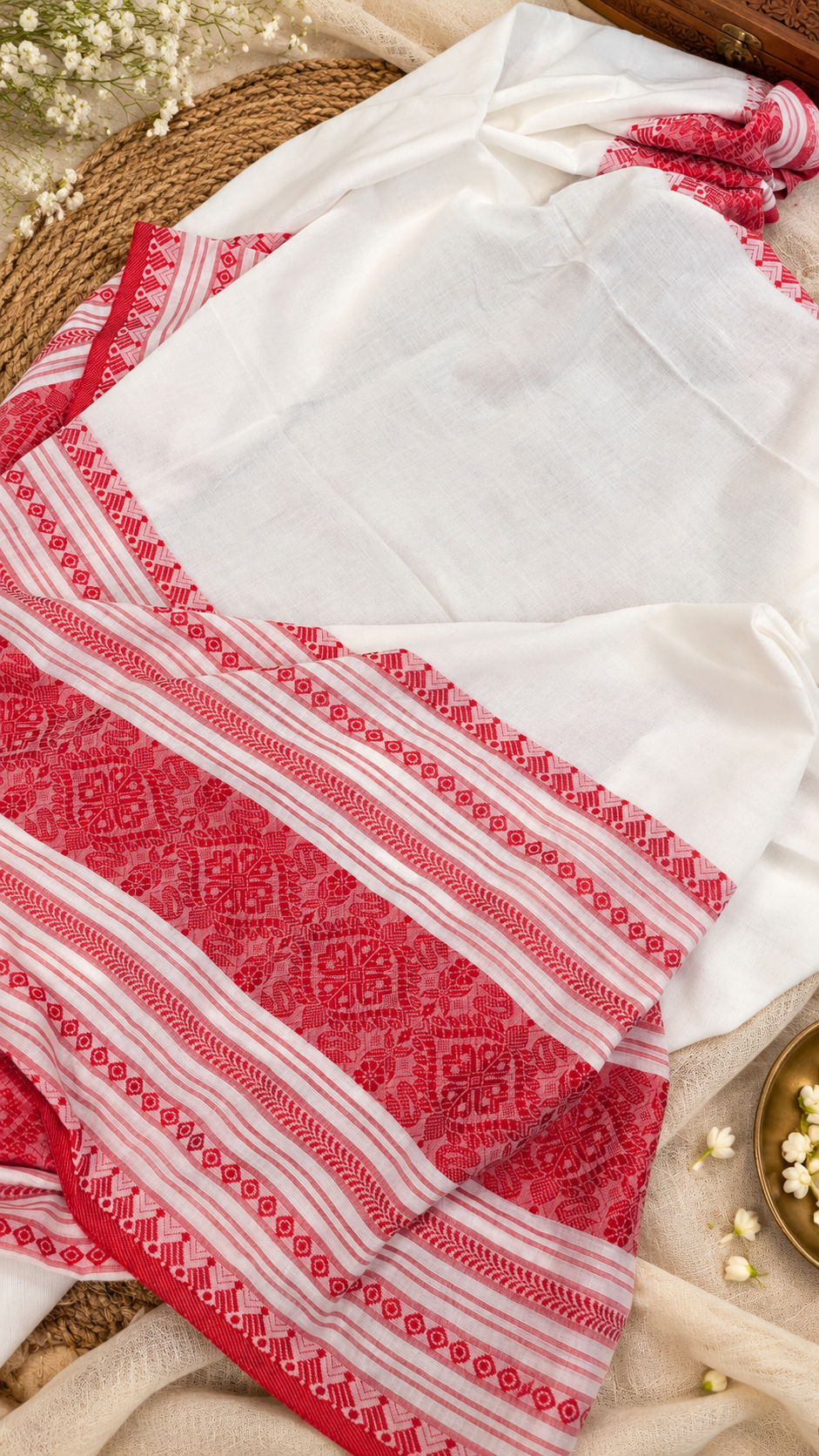Pure Bengal Cotton Red & White Saree — Geometric