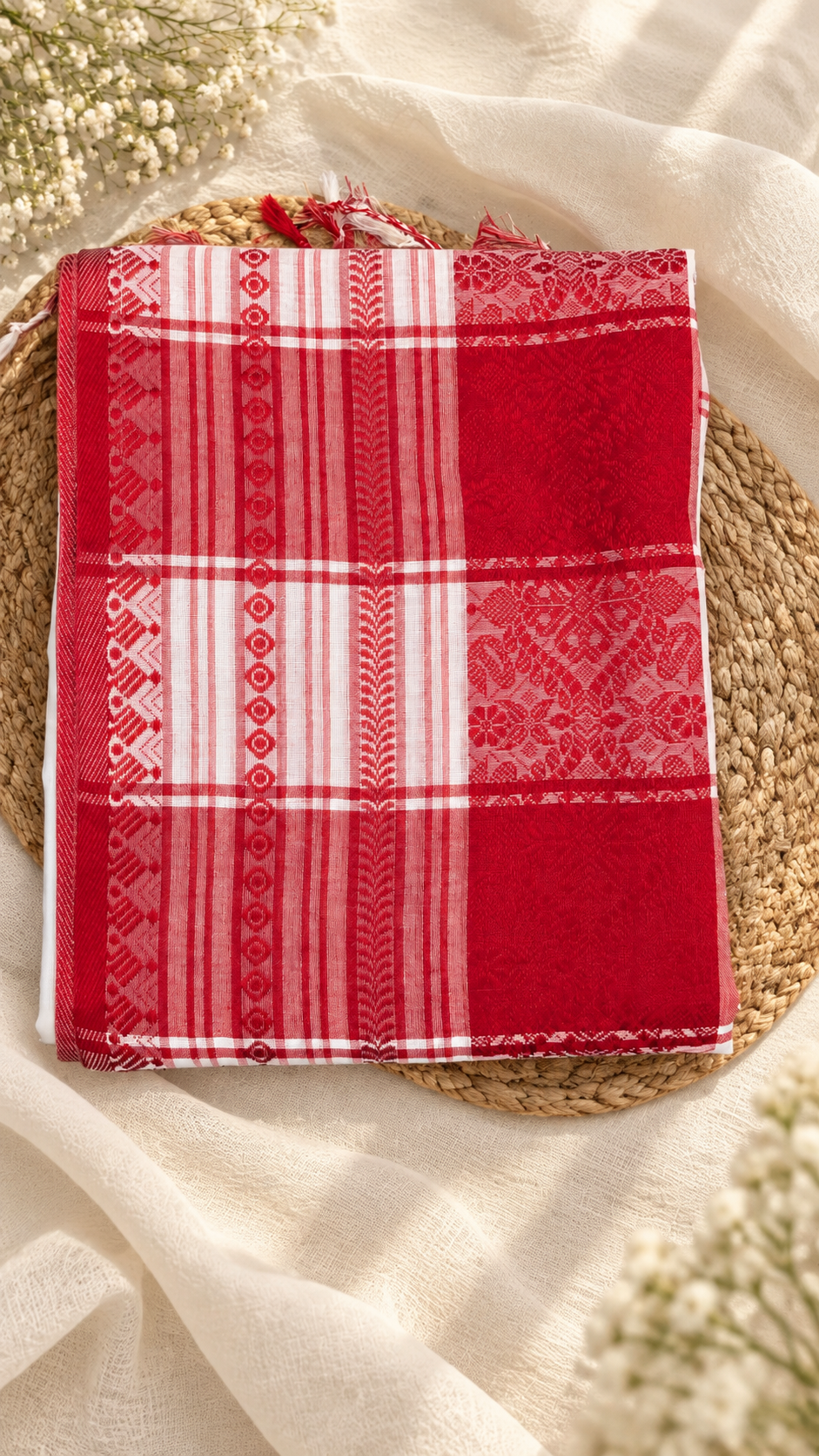 Pure Bengal Cotton Red & White Saree — Geometric