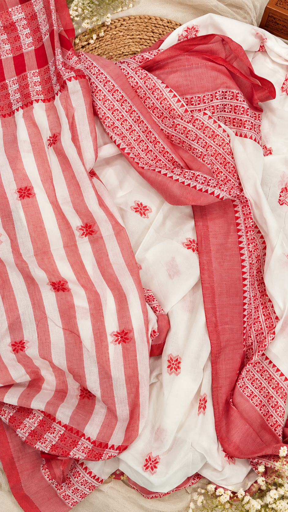 Pure Bengal Cotton Red & White Saree — Floral