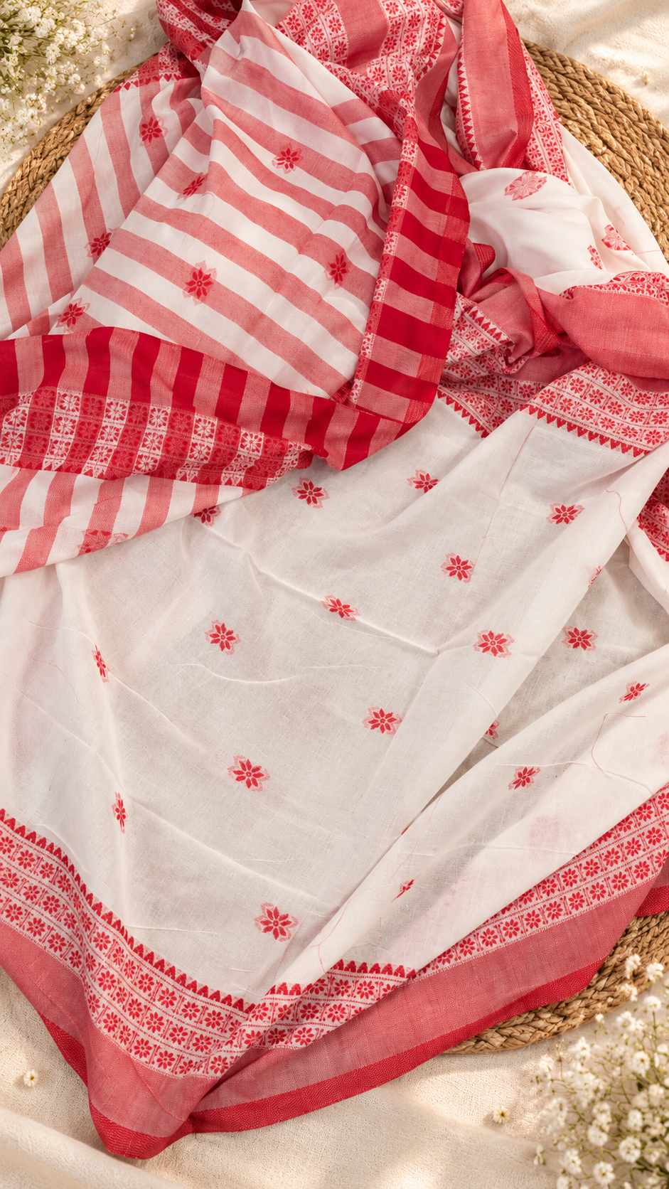 Pure Bengal Cotton Red & White Saree — Floral