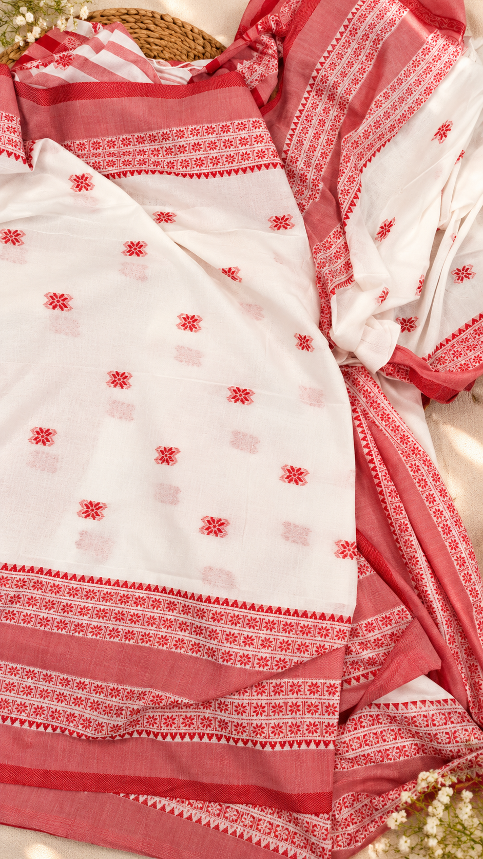 Pure Bengal Cotton Red & White Saree — Floral