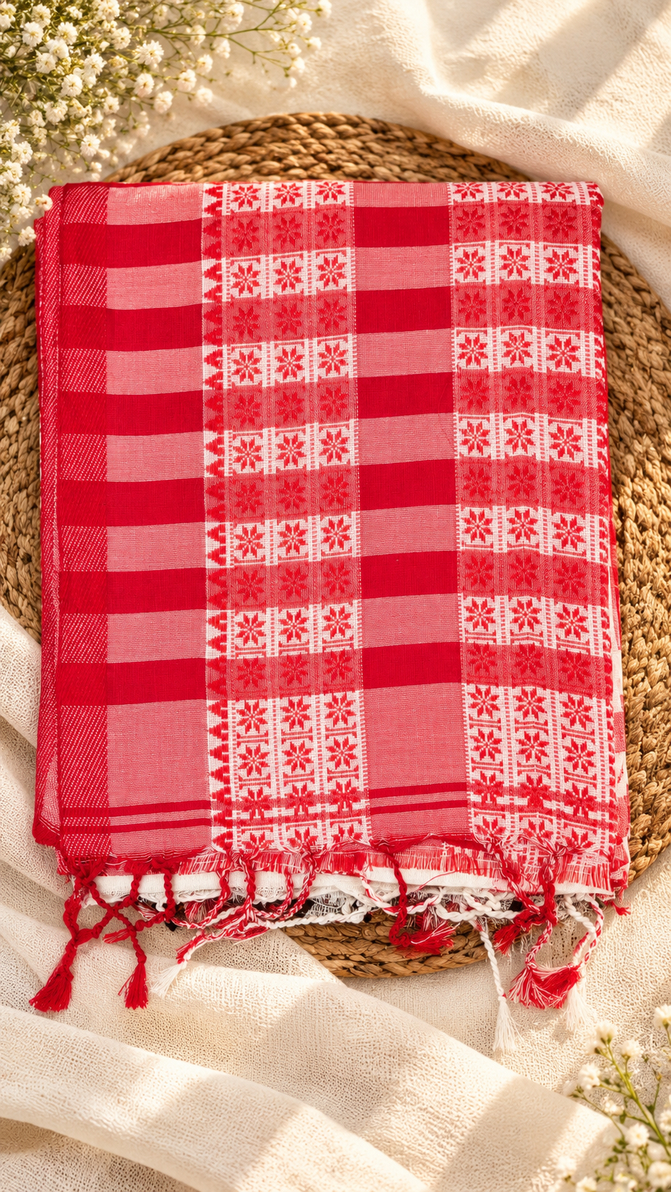 Pure Bengal Cotton Red & White Saree — Floral