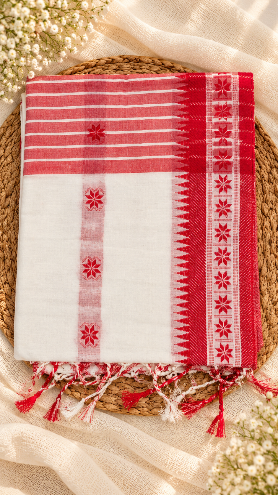 Pure Bengal Cotton Red & White Saree — Striped