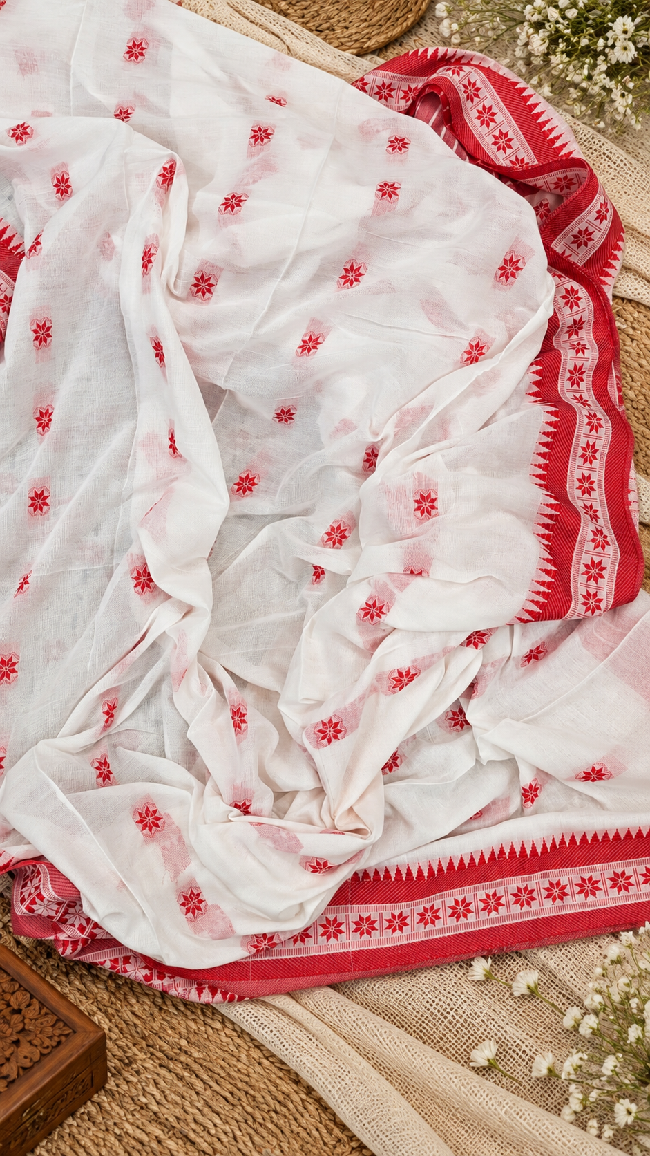 Pure Bengal Cotton Red & White Saree — Striped