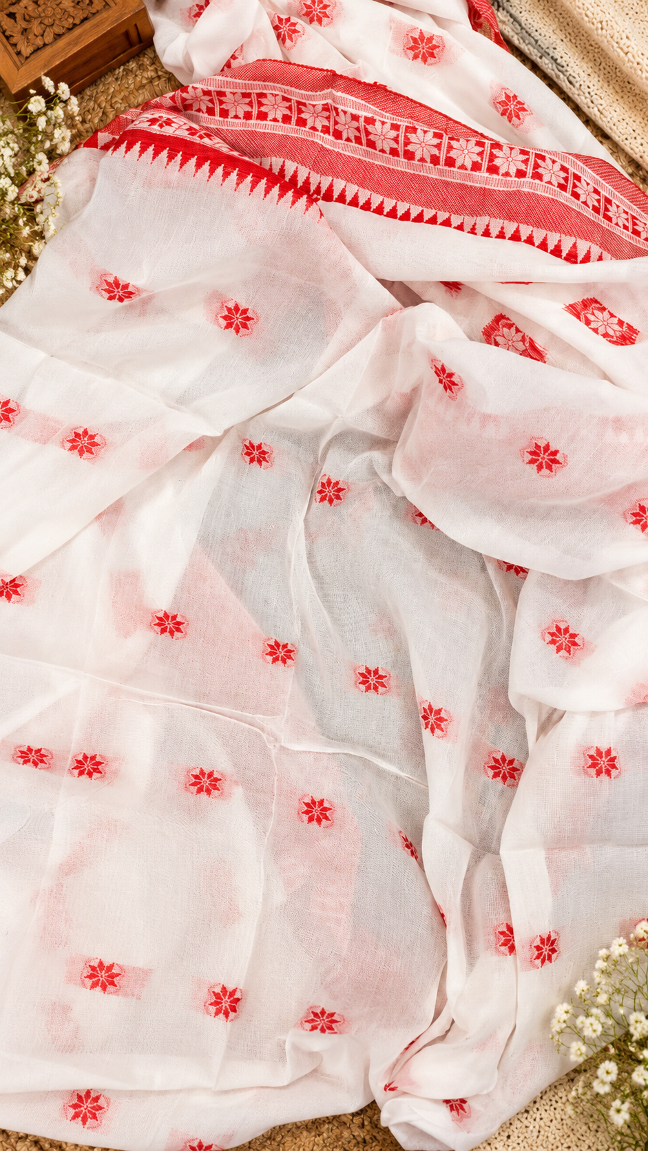 Pure Bengal Cotton Red & White Saree — Striped