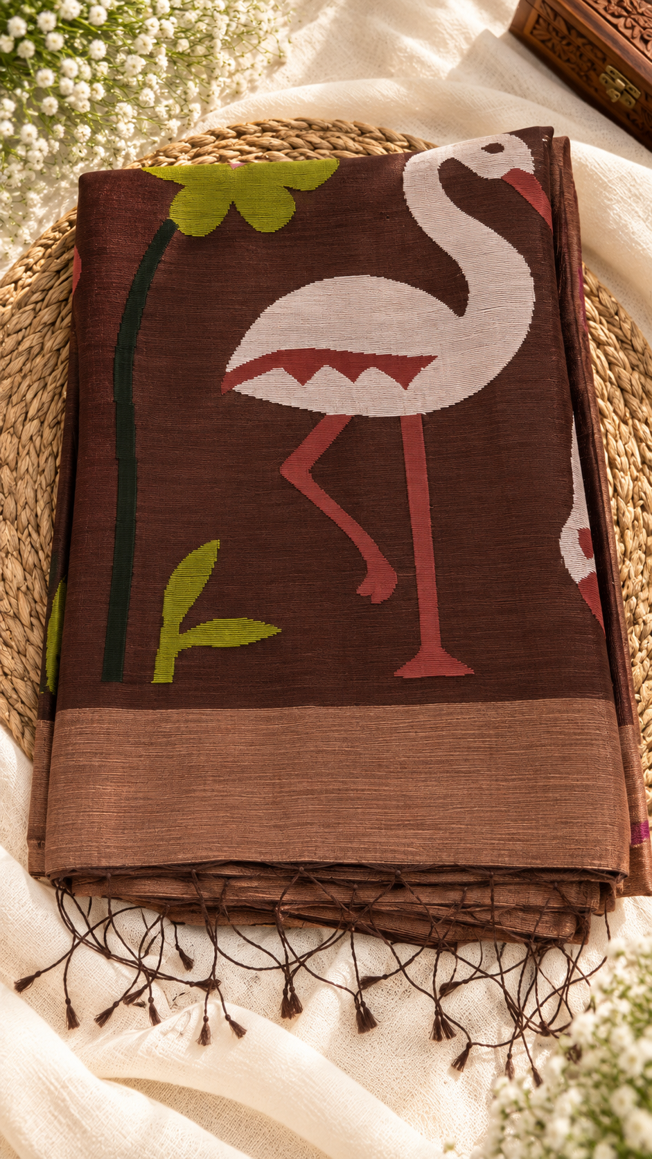 Brown Linen Silk Handloom Saree with Jamdani Muslin Pallu — Chocolate Brown