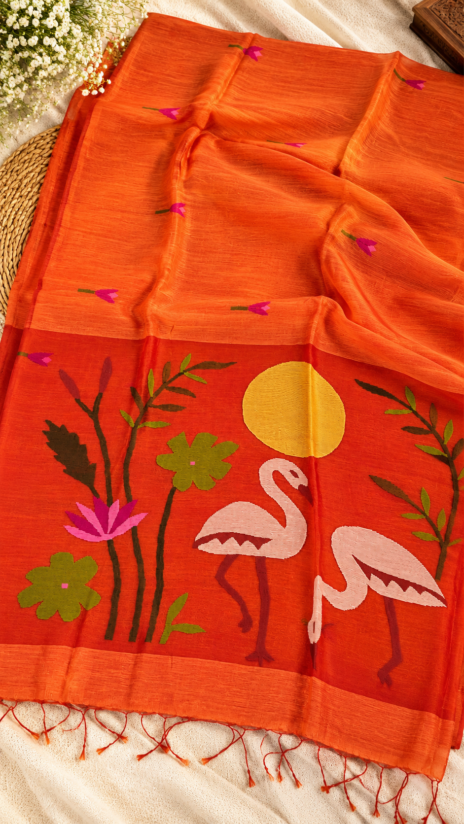 Brown Linen Silk Handloom Saree with Jamdani Muslin Pallu — Rust Orange