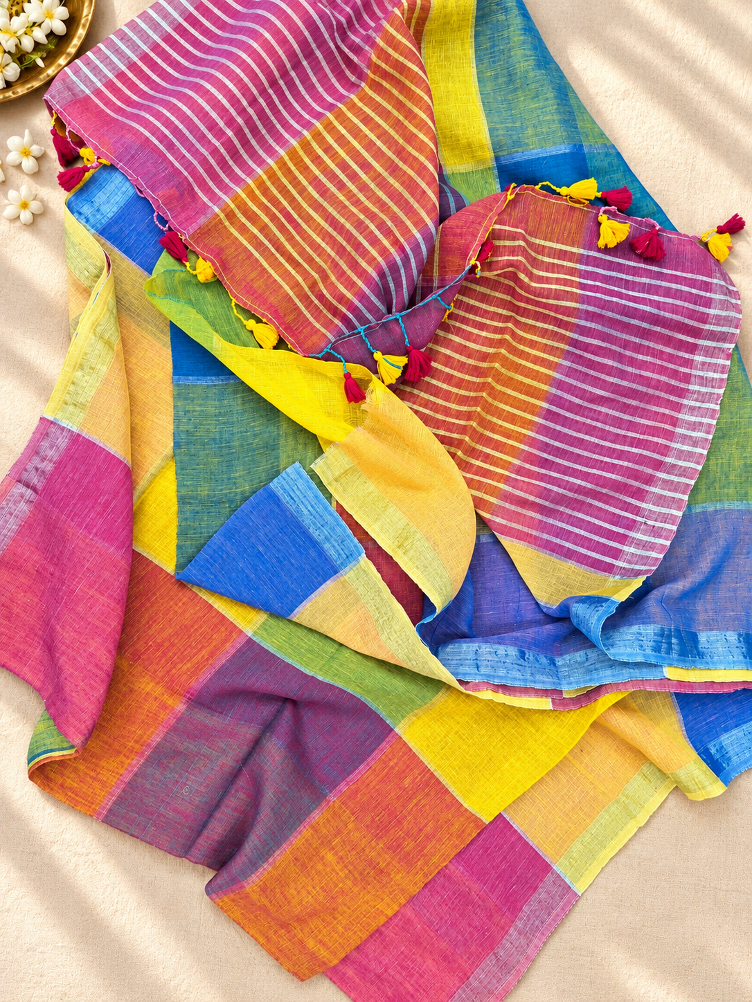 Checked Linen Blend Saree — 🧡💗 Orange & Magenta