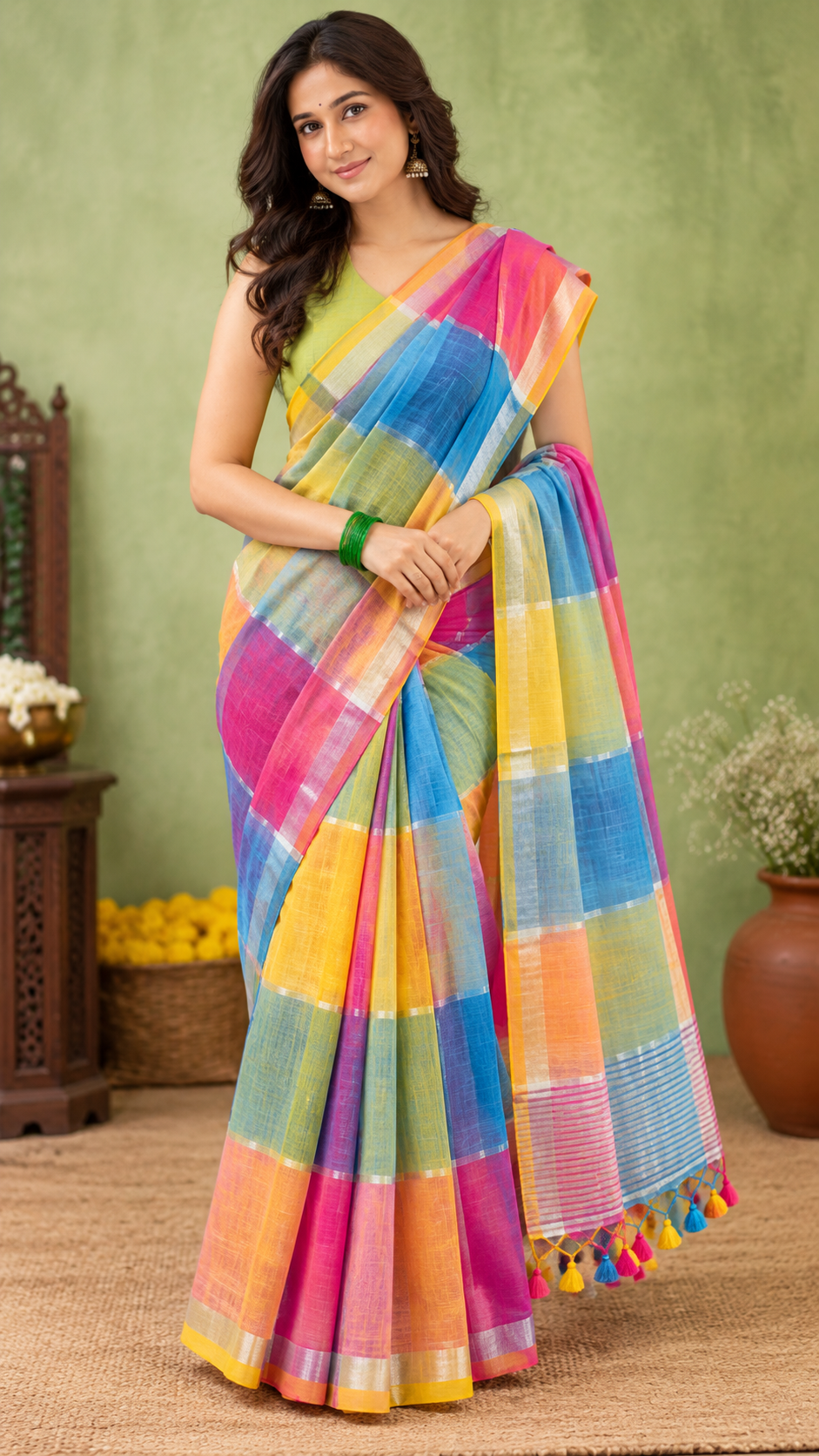 Checked Linen Blend Saree — 🧡💗 Orange & Magenta