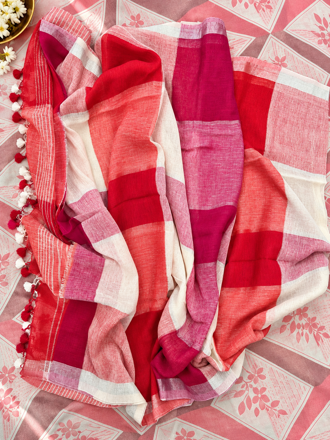 Checked Linen Blend Saree — 🟦🟨🩷 Pastel Multicolour
