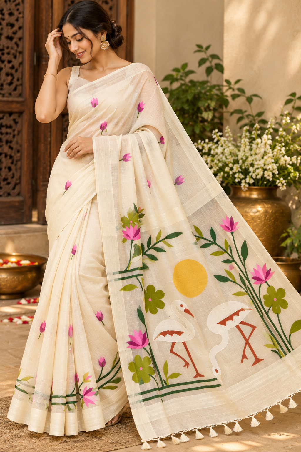 Brown Linen Silk Handloom Saree with Jamdani Muslin Pallu — Ivory Cream