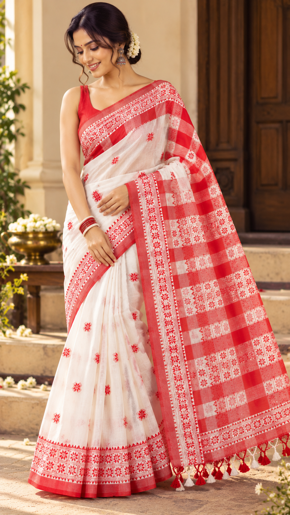 Pure Bengal Cotton Red & White Saree