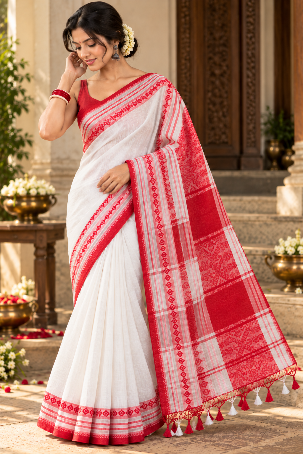 Pure Bengal Cotton Red & White Saree