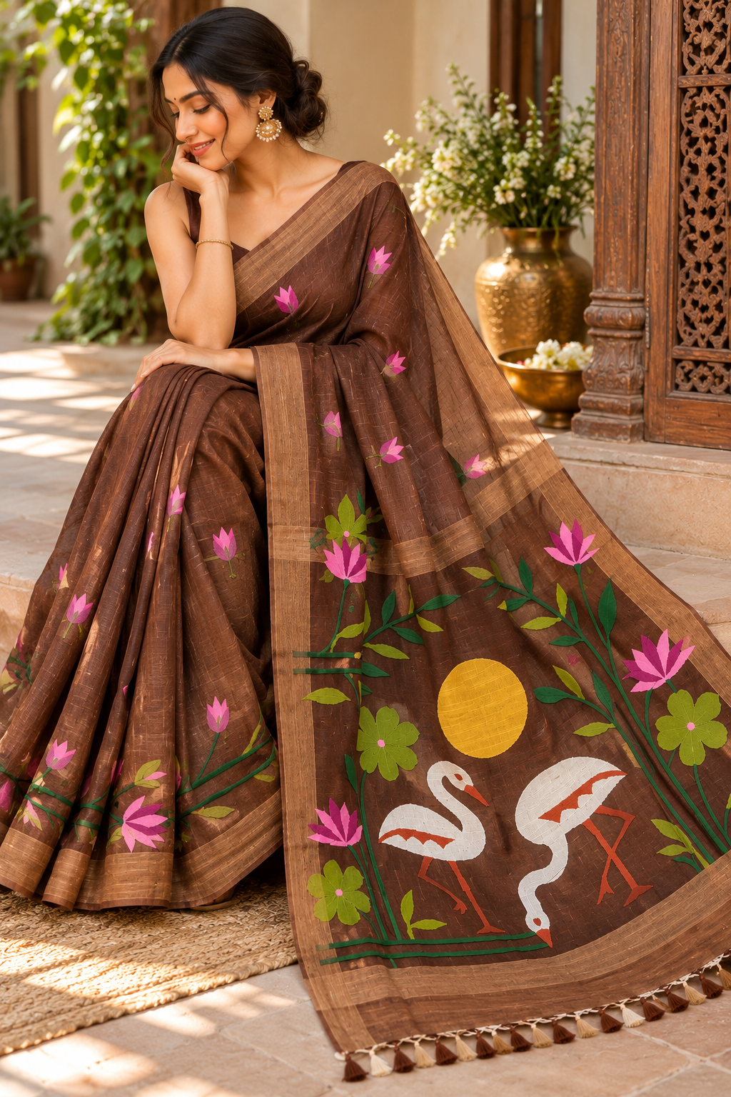 Brown Linen Silk Handloom Saree with Jamdani Muslin Pallu — Chocolate Brown