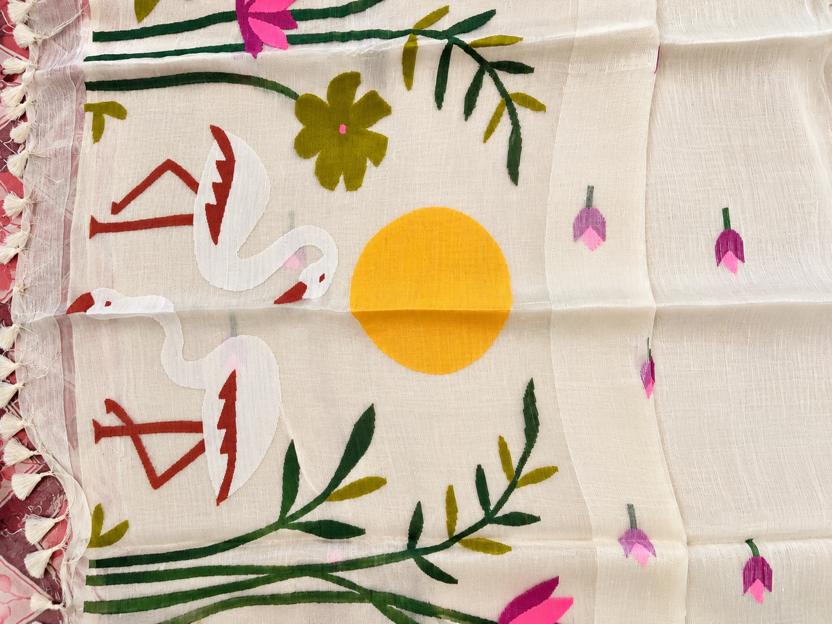 Brown Linen Silk Handloom Saree with Jamdani Muslin Pallu — Ivory Cream