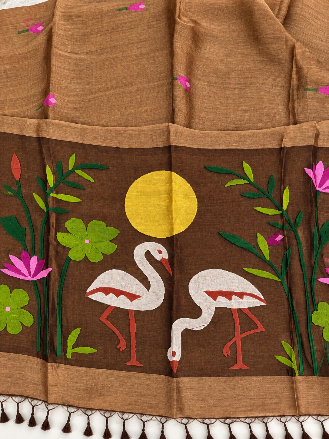 Brown Linen Silk Handloom Saree with Jamdani Muslin Pallu — Chocolate Brown