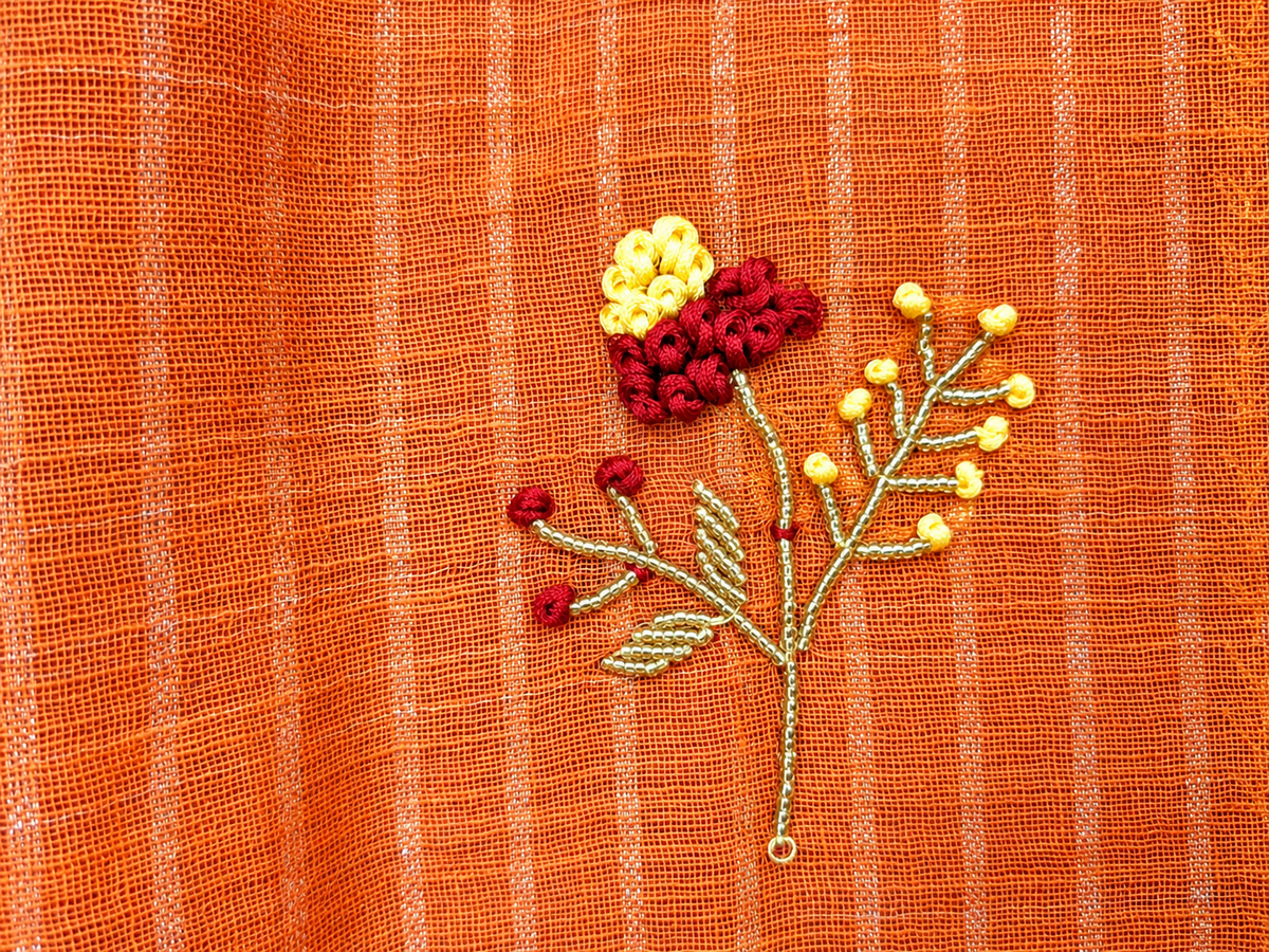 Pure Linen by Linen Saree with Dordozi Pearl Work & French Knot