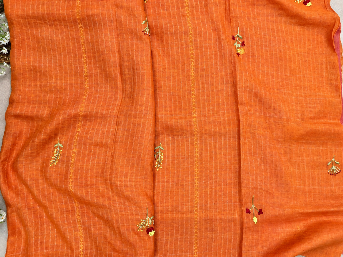 Pure Linen by Linen Saree with Dordozi Pearl Work & French Knot