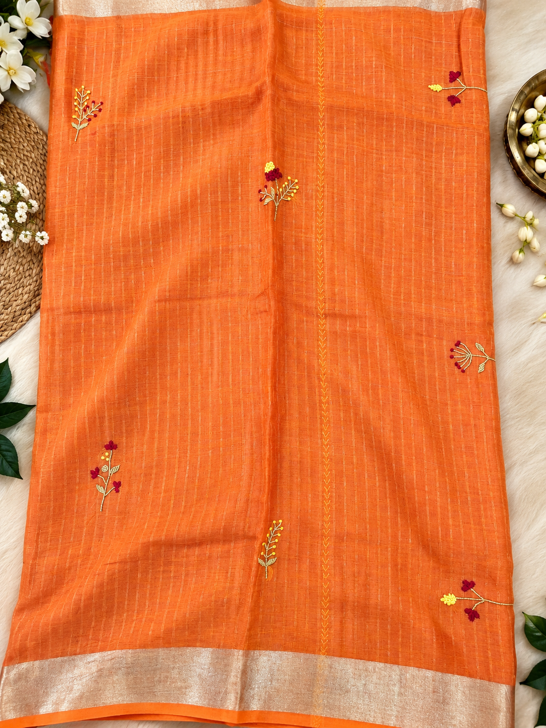 Pure Linen by Linen Saree with Dordozi Pearl Work & French Knot
