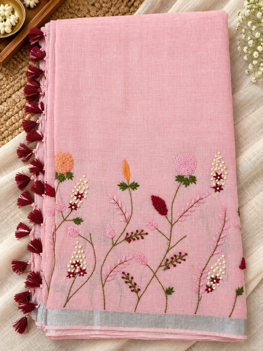 Pure Linen by Linen Saree with Resham French Knot Work