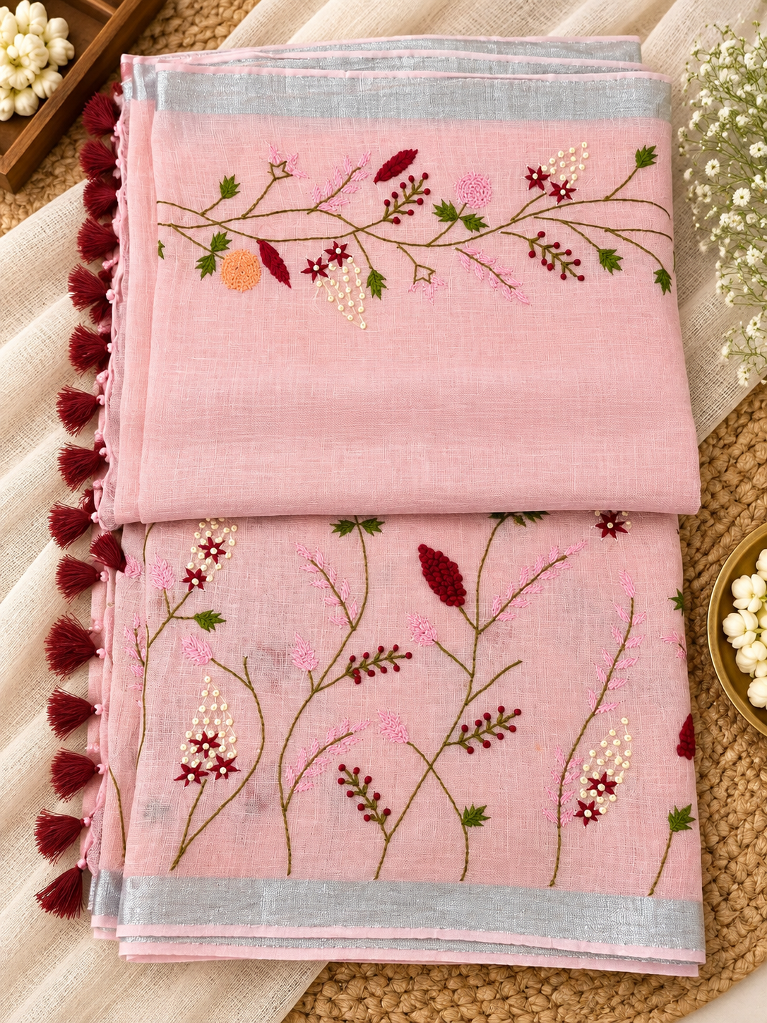 Pure Linen by Linen Saree with Resham French Knot Work