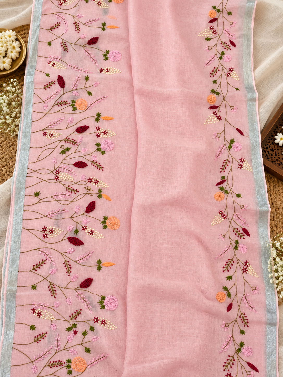 Pure Linen by Linen Saree with Resham French Knot Work