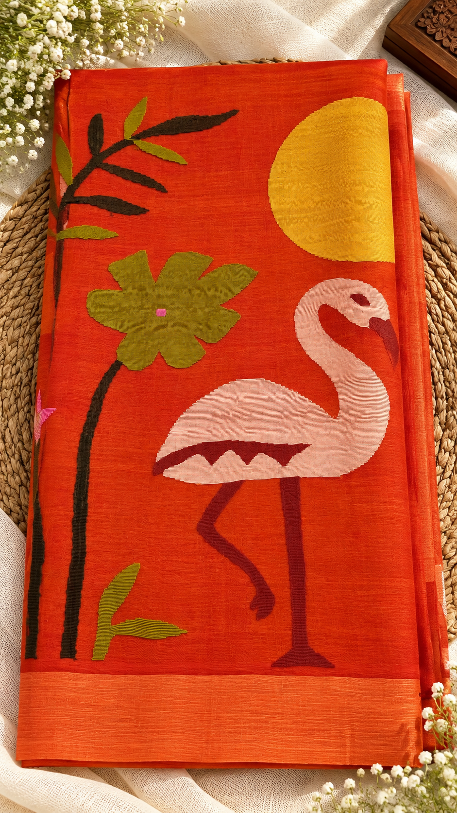 Brown Linen Silk Handloom Saree with Jamdani Muslin Pallu — Rust Orange