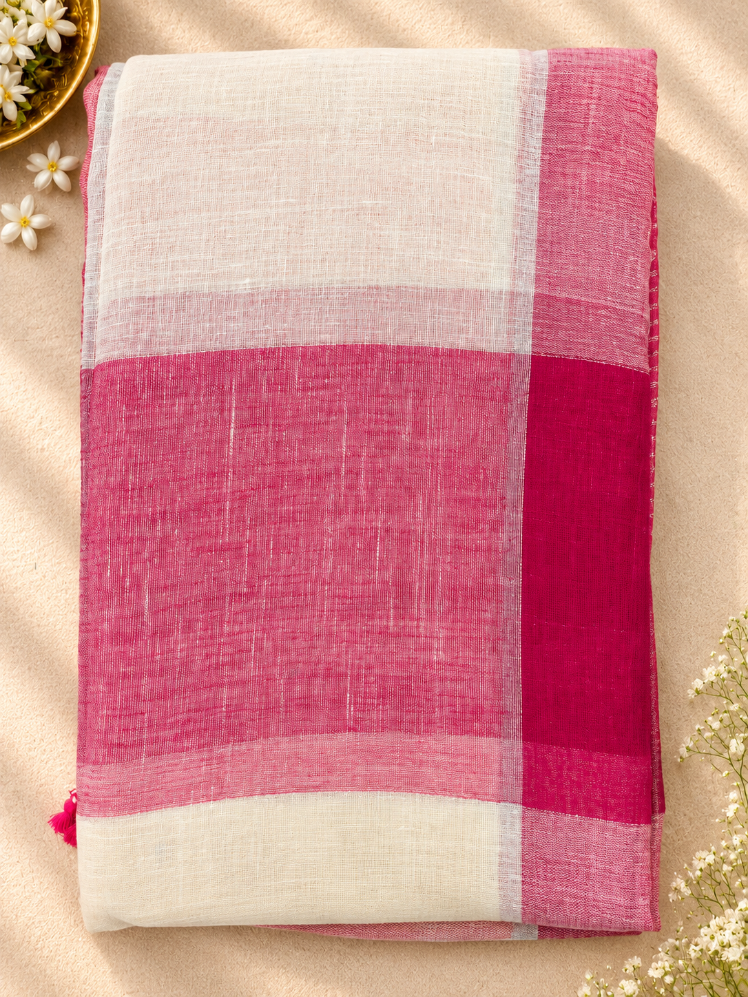 Checked Linen Blend Saree — 🟦🟨🩷 Pastel Multicolour