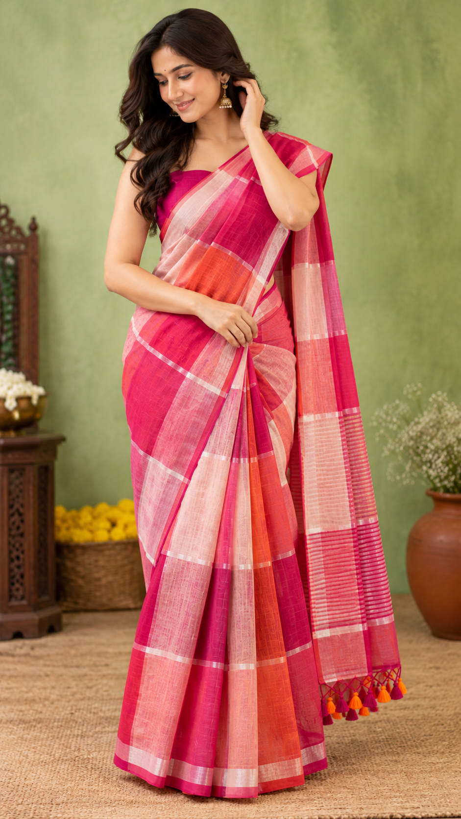 Checked Linen Blend Saree — 🩷💗 Blush Pink & Magenta