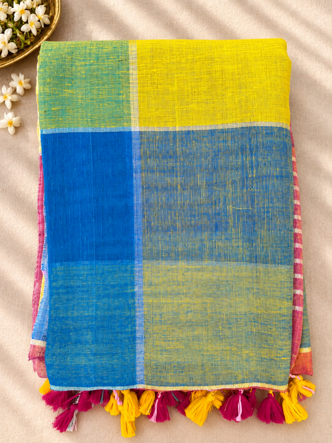Checked Linen Blend Saree — 🧡💗 Orange & Magenta