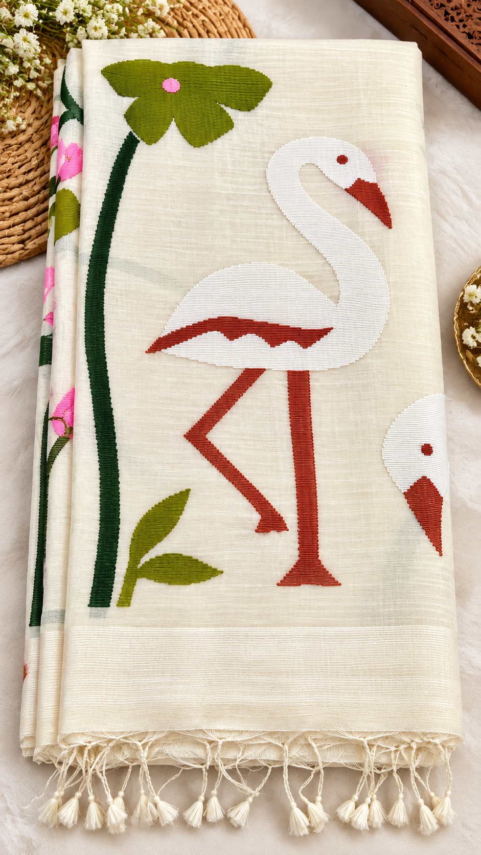 Brown Linen Silk Handloom Saree with Jamdani Muslin Pallu — Ivory Cream