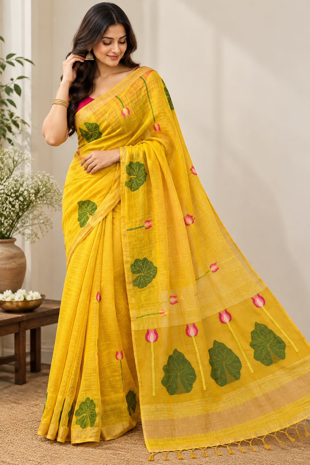 Swan Lotus Motif Handwoven Saree — Mustard Yellow