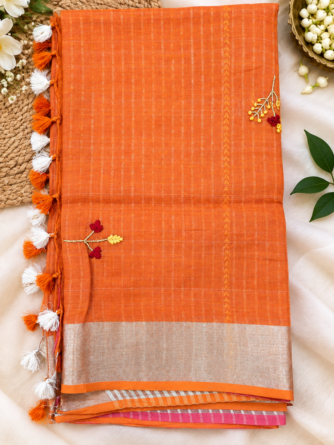 Pure Linen by Linen Saree with Dordozi Pearl Work & French Knot