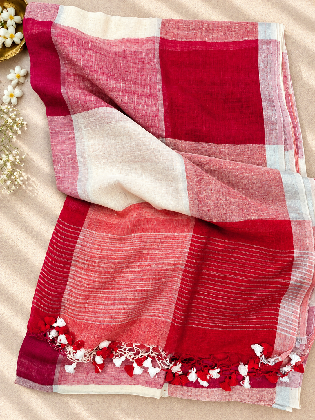 Checked Linen Blend Saree — 🟦🟨🩷 Pastel Multicolour