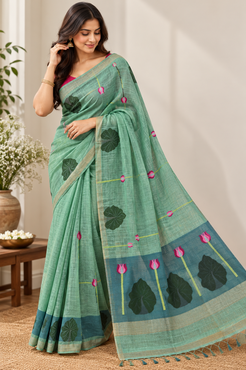 Swan Lotus Motif Handwoven Saree — Sage Mint Green