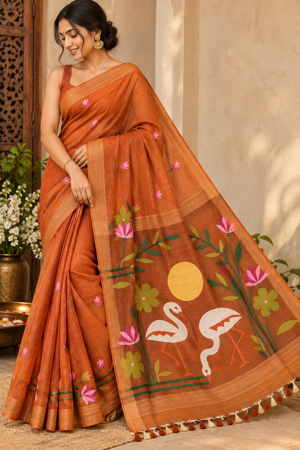 Brown Linen Silk Handloom Saree with Jamdani Muslin Pallu — Rust Orange