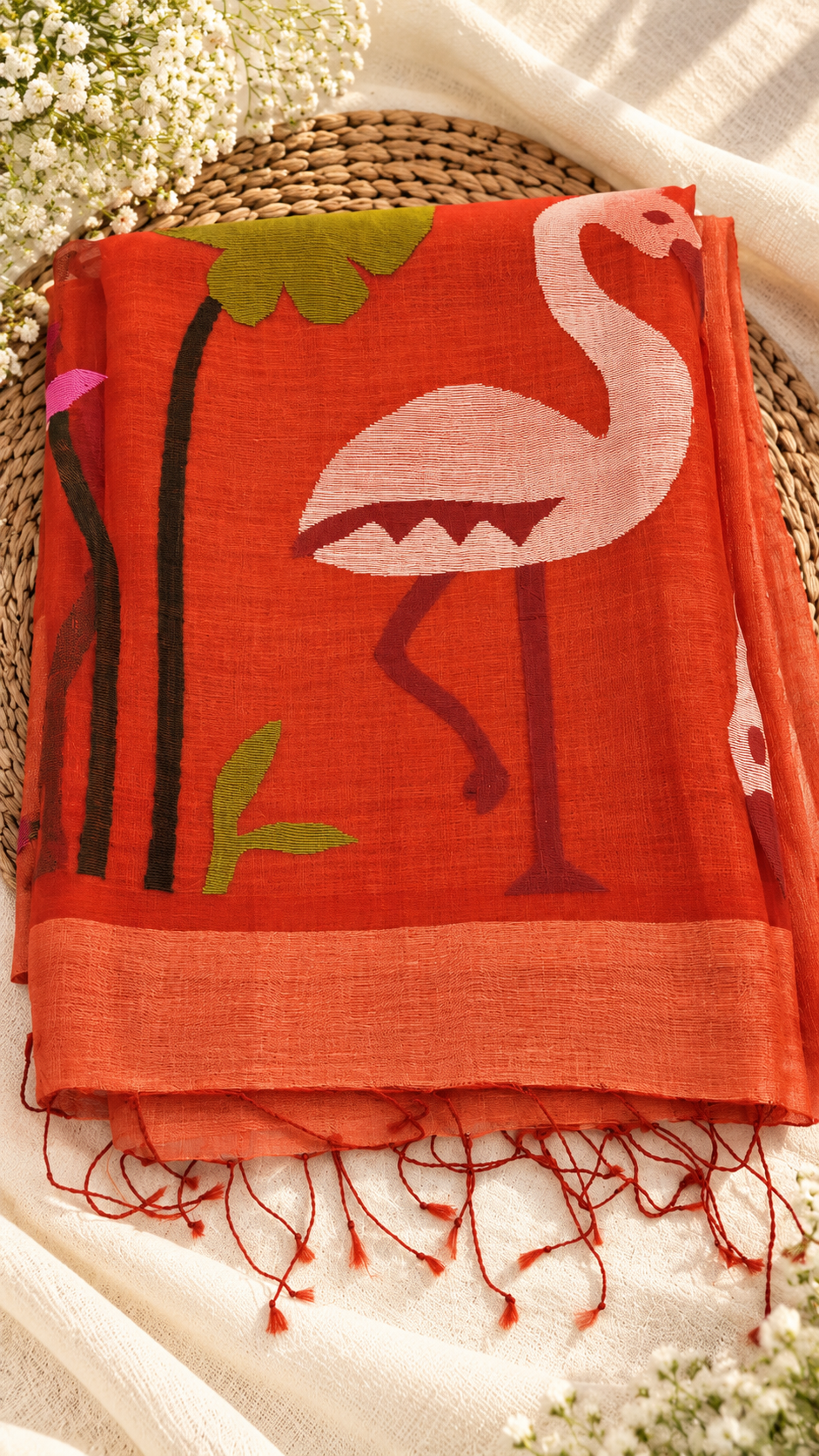 Brown Linen Silk Handloom Saree with Jamdani Muslin Pallu — Rust Orange