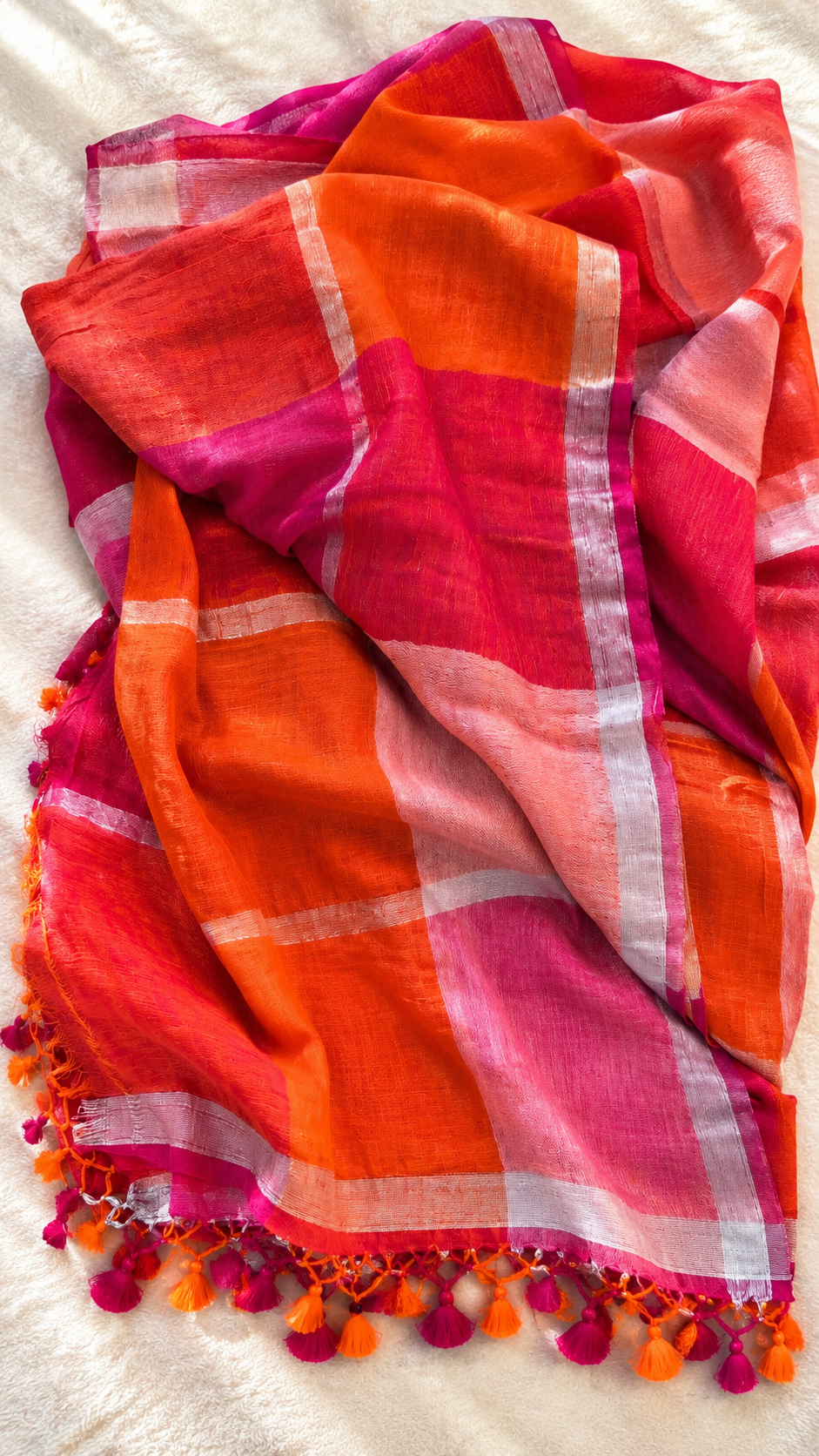Checked Linen Blend Saree — 🩷💗 Blush Pink & Magenta