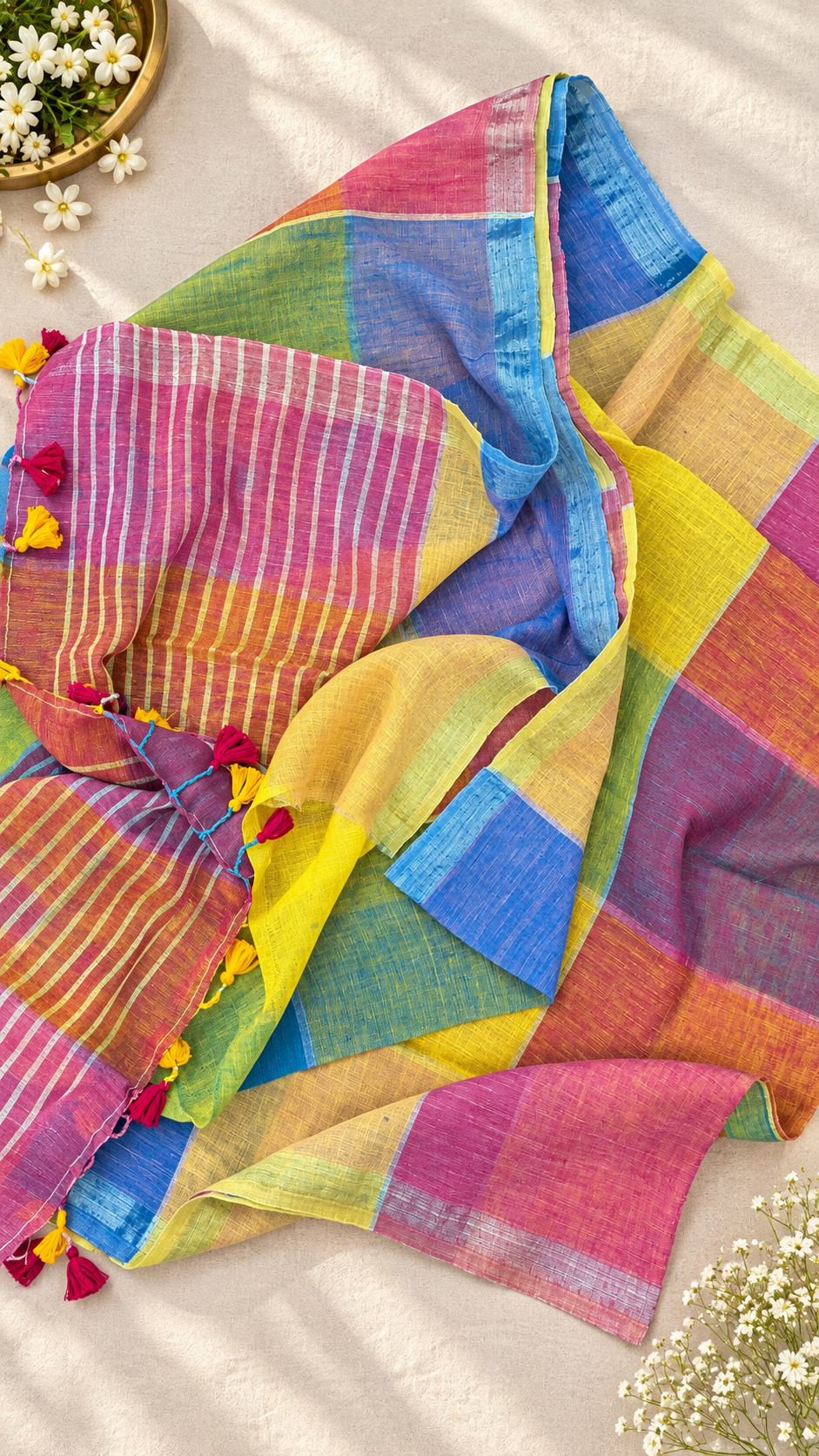 Checked Linen Blend Saree — 🧡💗 Orange & Magenta