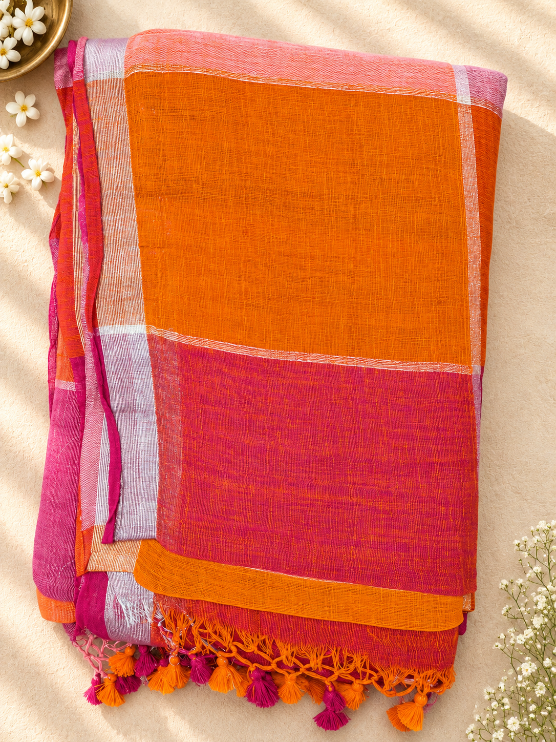 Checked Linen Blend Saree — 🩷💗 Blush Pink & Magenta