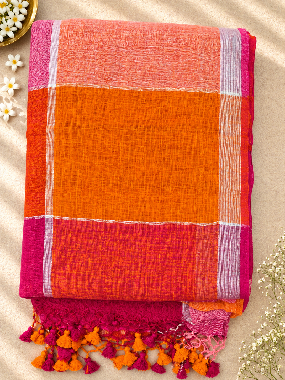 Checked Linen Blend Saree — 🩷💗 Blush Pink & Magenta