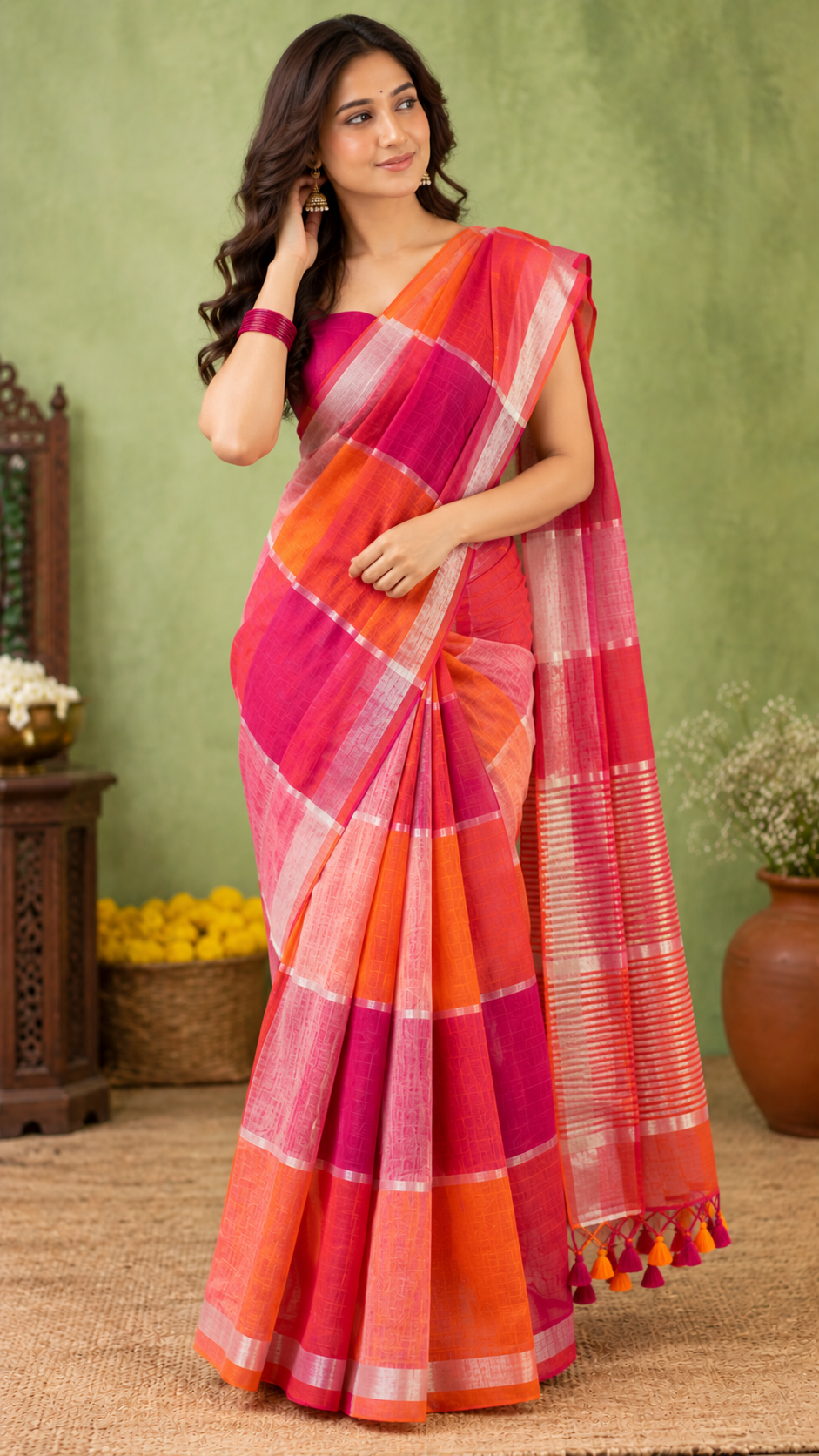 Checked Linen Blend Saree — 🟦🟨🩷 Pastel Multicolour