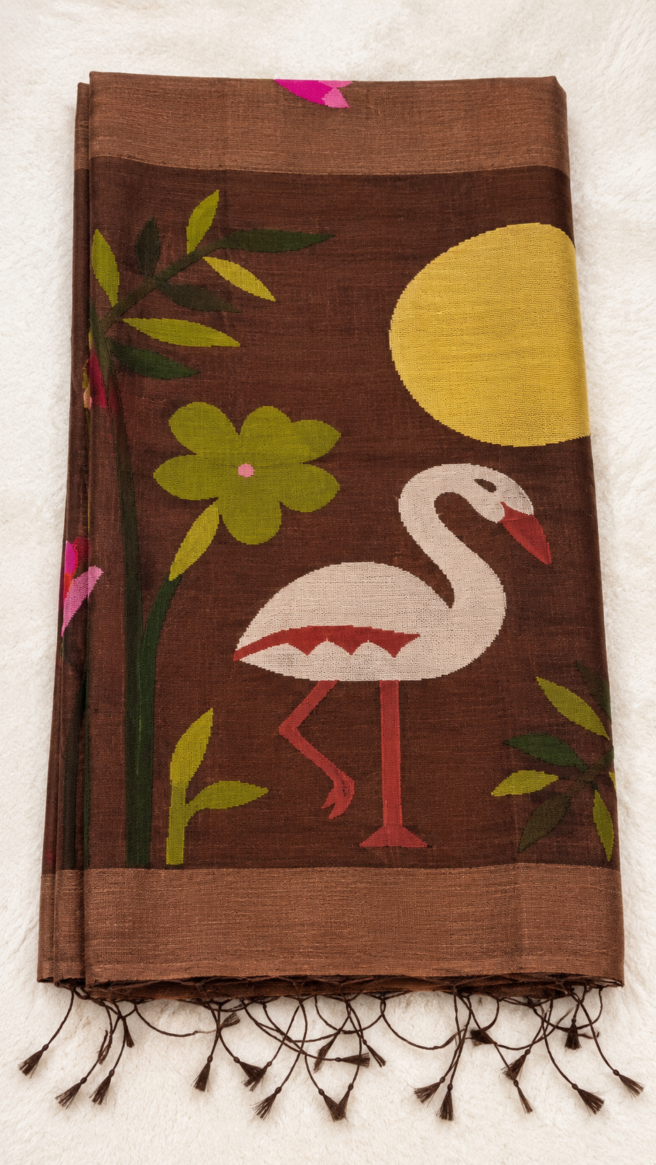 Brown Linen Silk Handloom Saree with Jamdani Muslin Pallu — Chocolate Brown